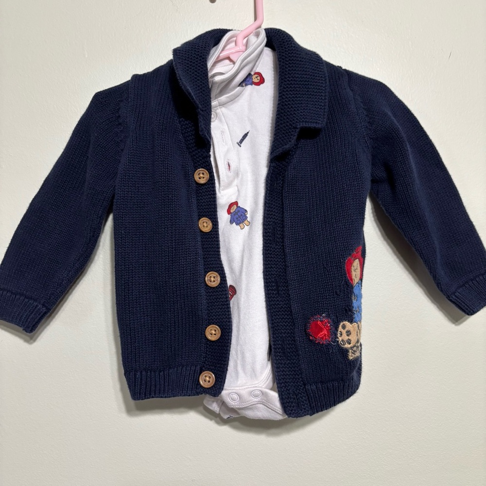 Vintage Paddington Bear Navy Blue Kids Cardigan with Embroidered Details